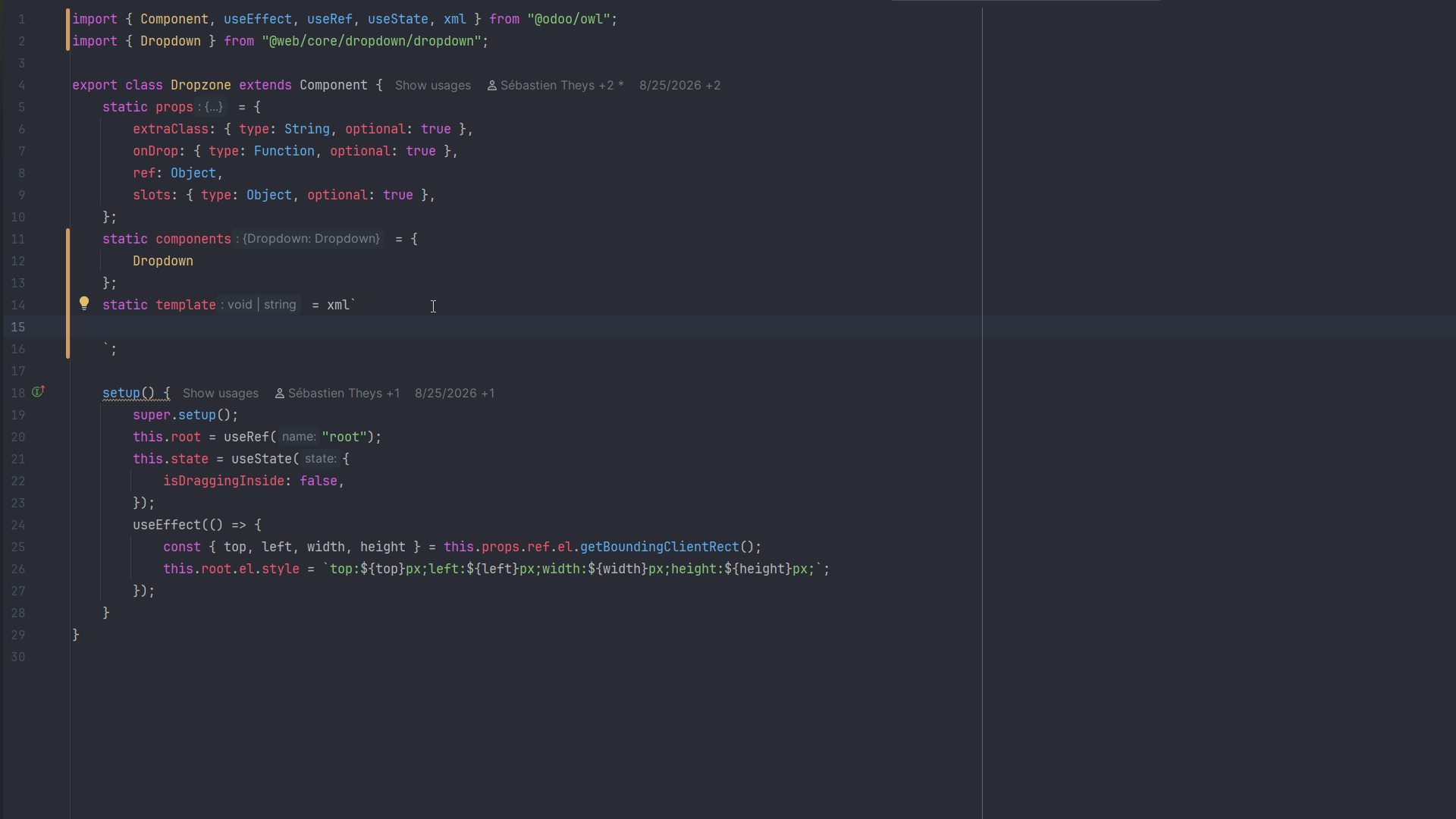 Odoo DevKit completing an inline Owl template written as a tagged xml template literal