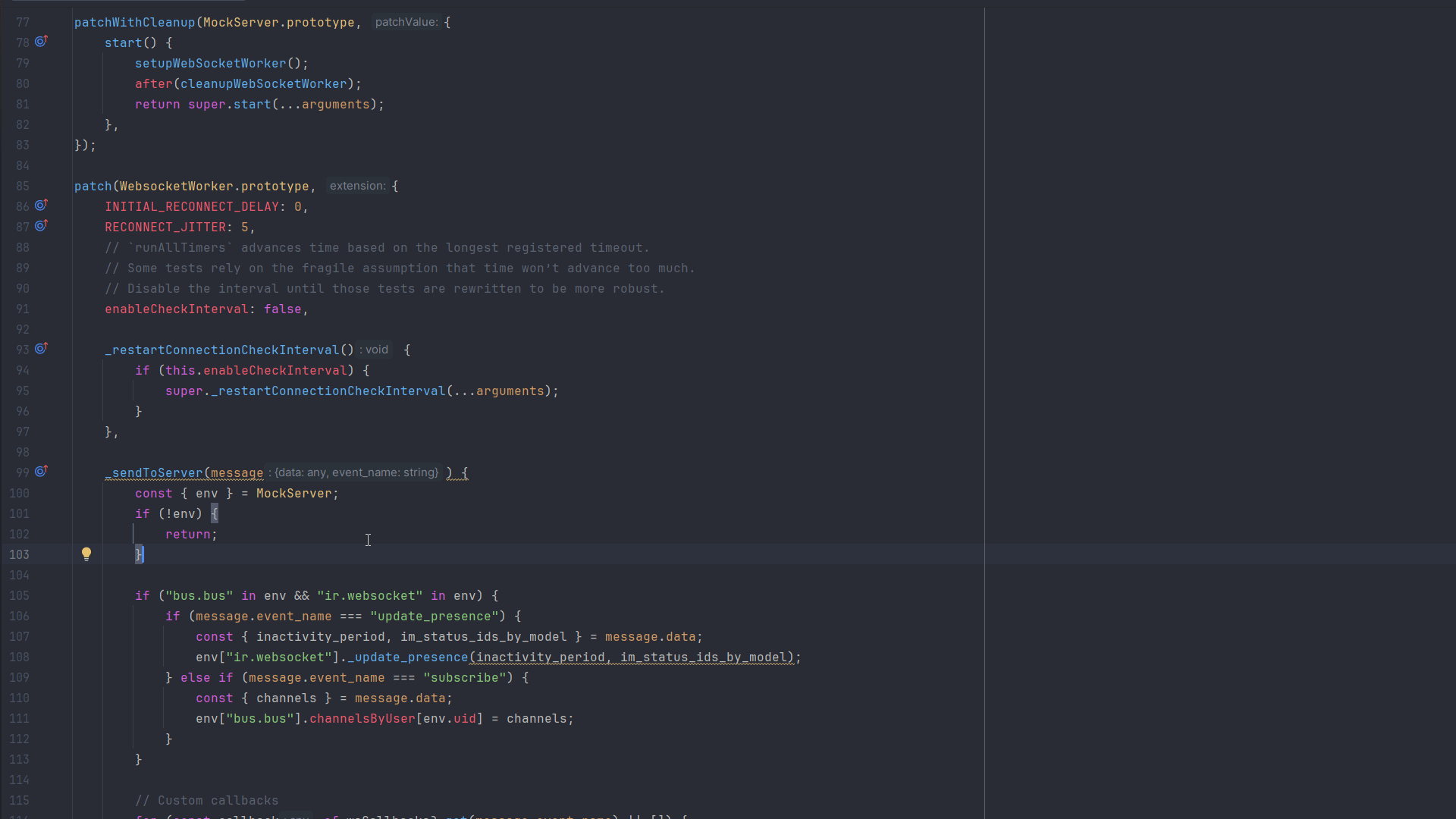 Odoo DevKit showing override gutters and member support inside an Odoo JavaScript patch