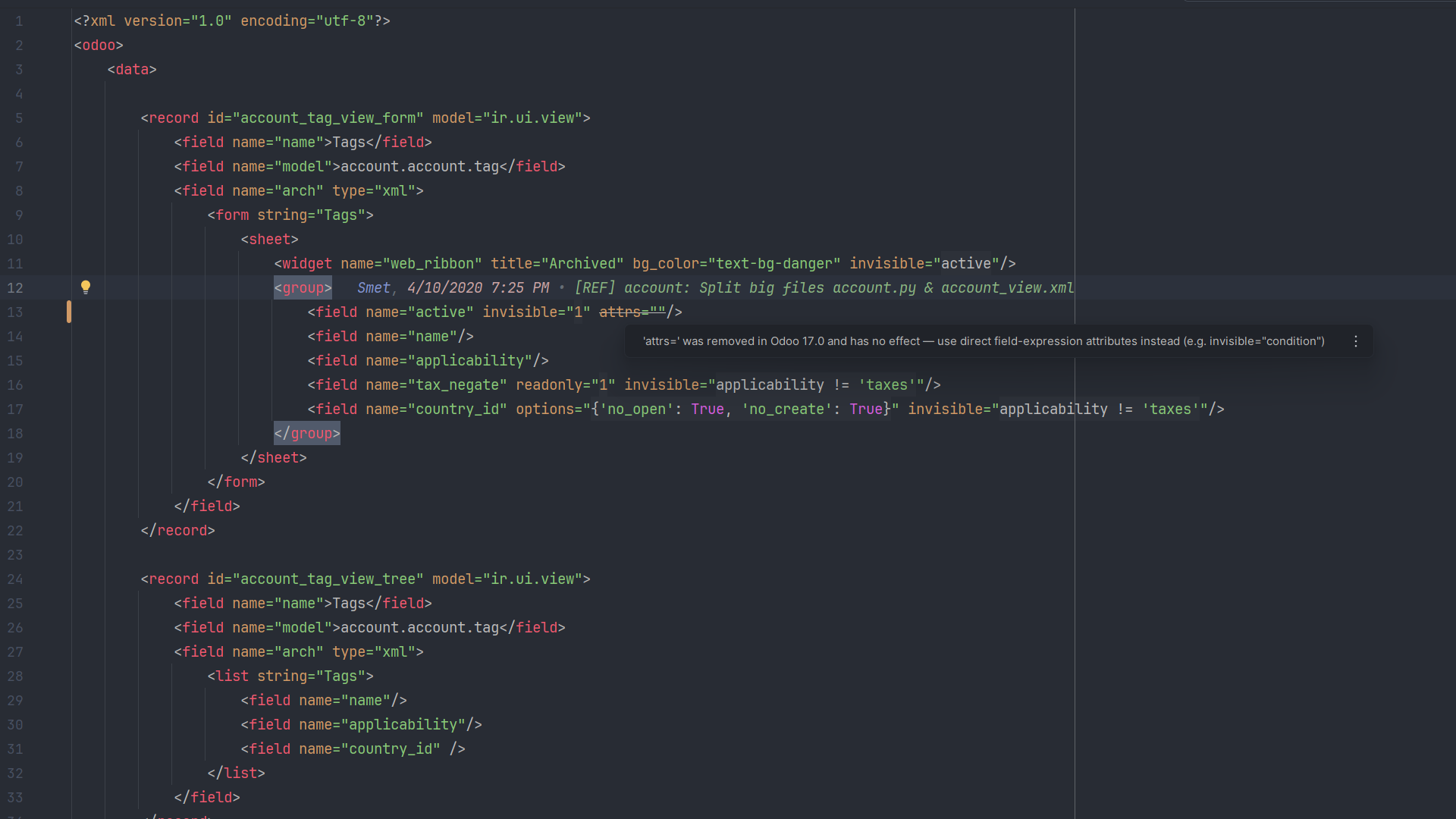 Odoo DevKit flagging attrs= as removed on an Odoo 17+ project