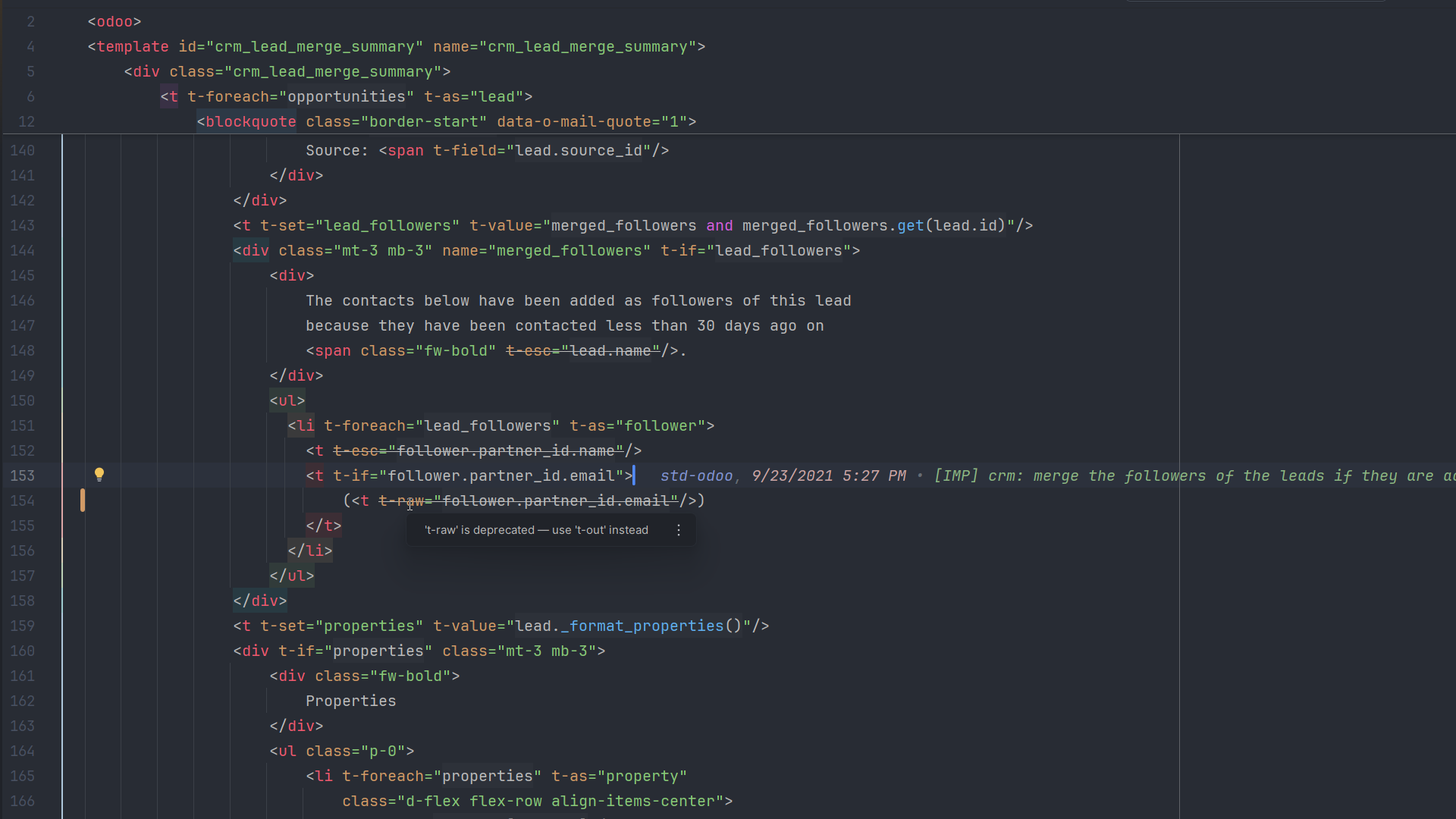 Odoo DevKit flagging t-esc and t-raw as deprecated in favor of t-out on an Odoo 16+ project