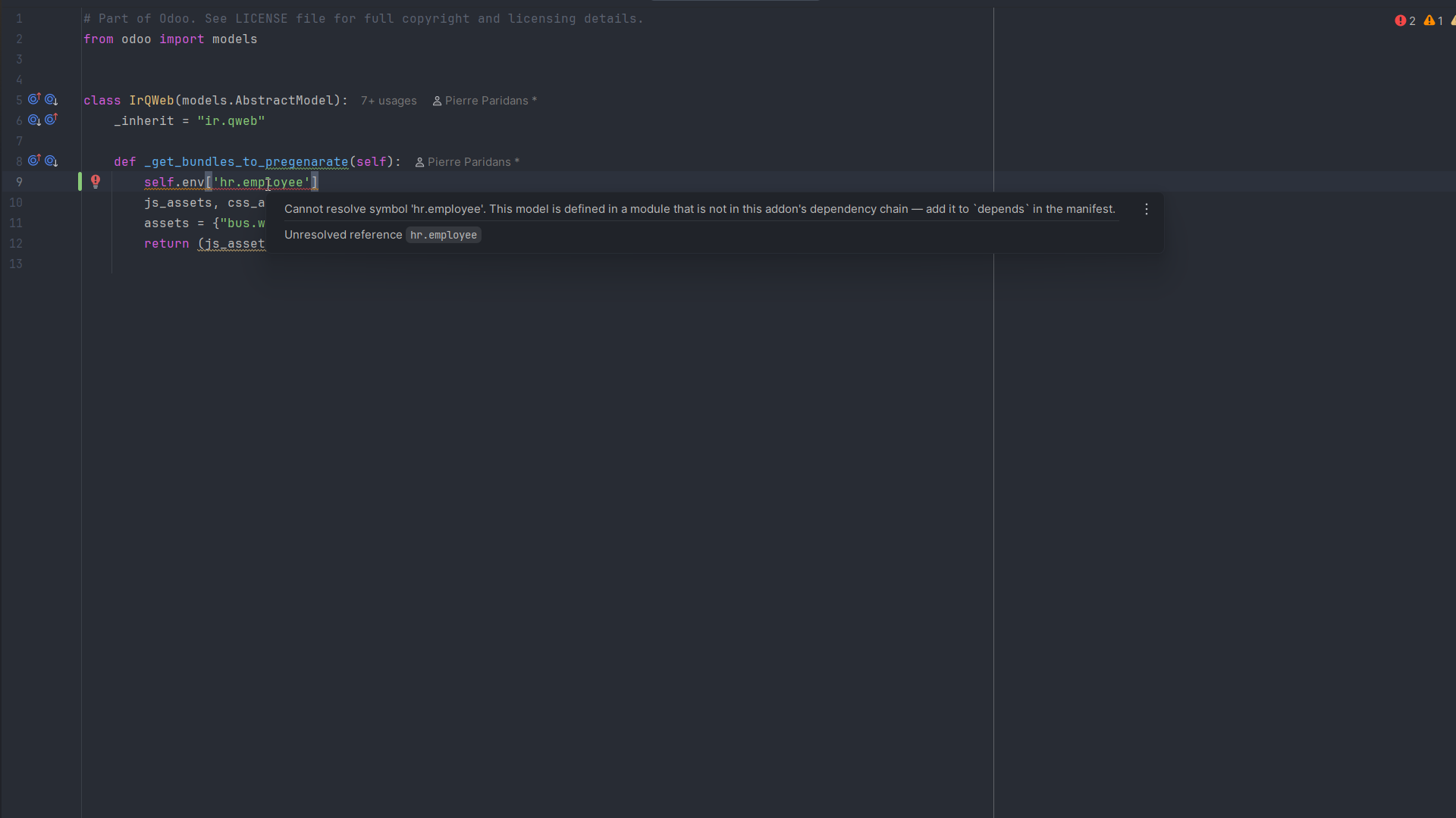 Odoo DevKit flagging a model outside the current addon's dependency chain