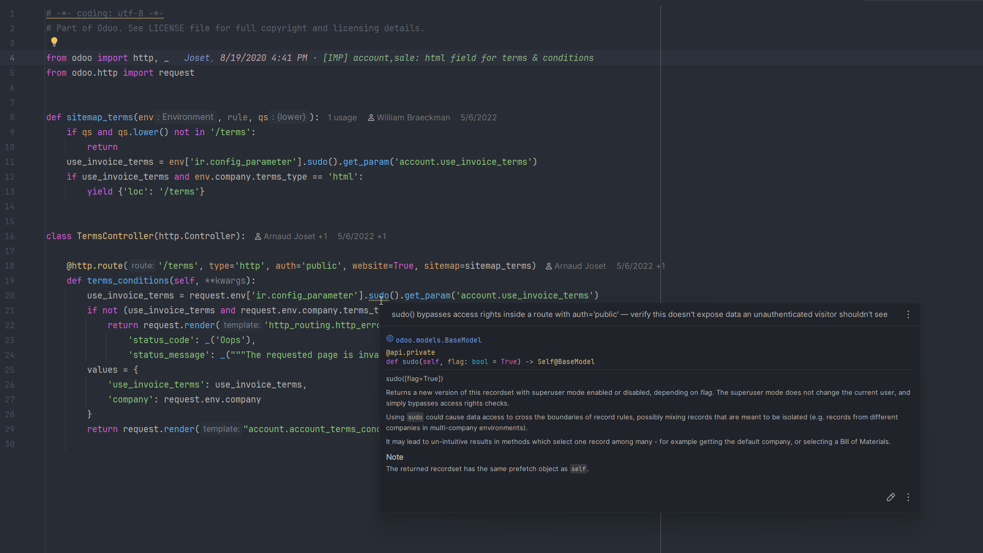 Odoo DevKit warning that sudo() bypasses access rights inside a public route