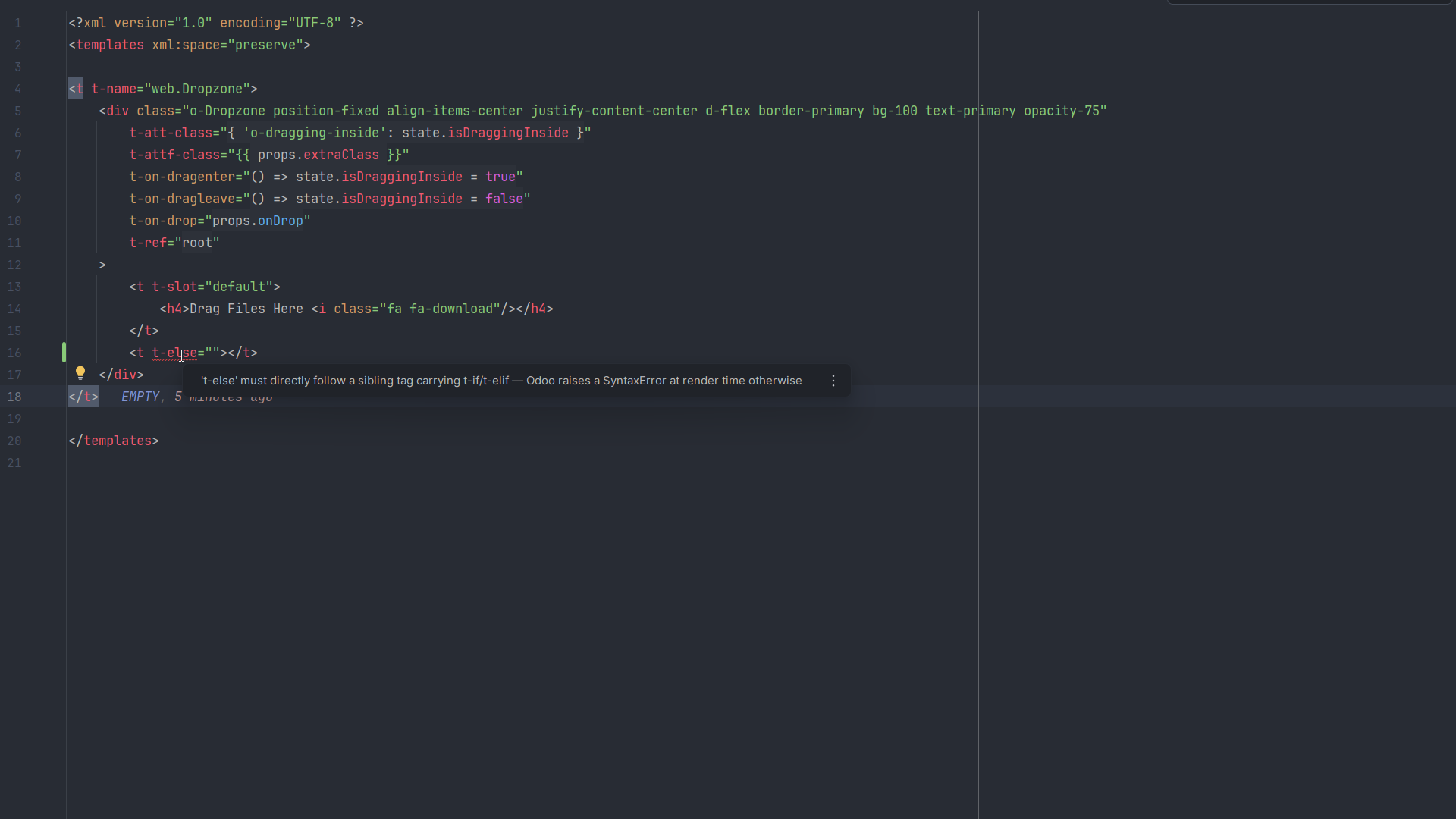 Odoo DevKit flagging a t-else with no preceding t-if/t-elif sibling