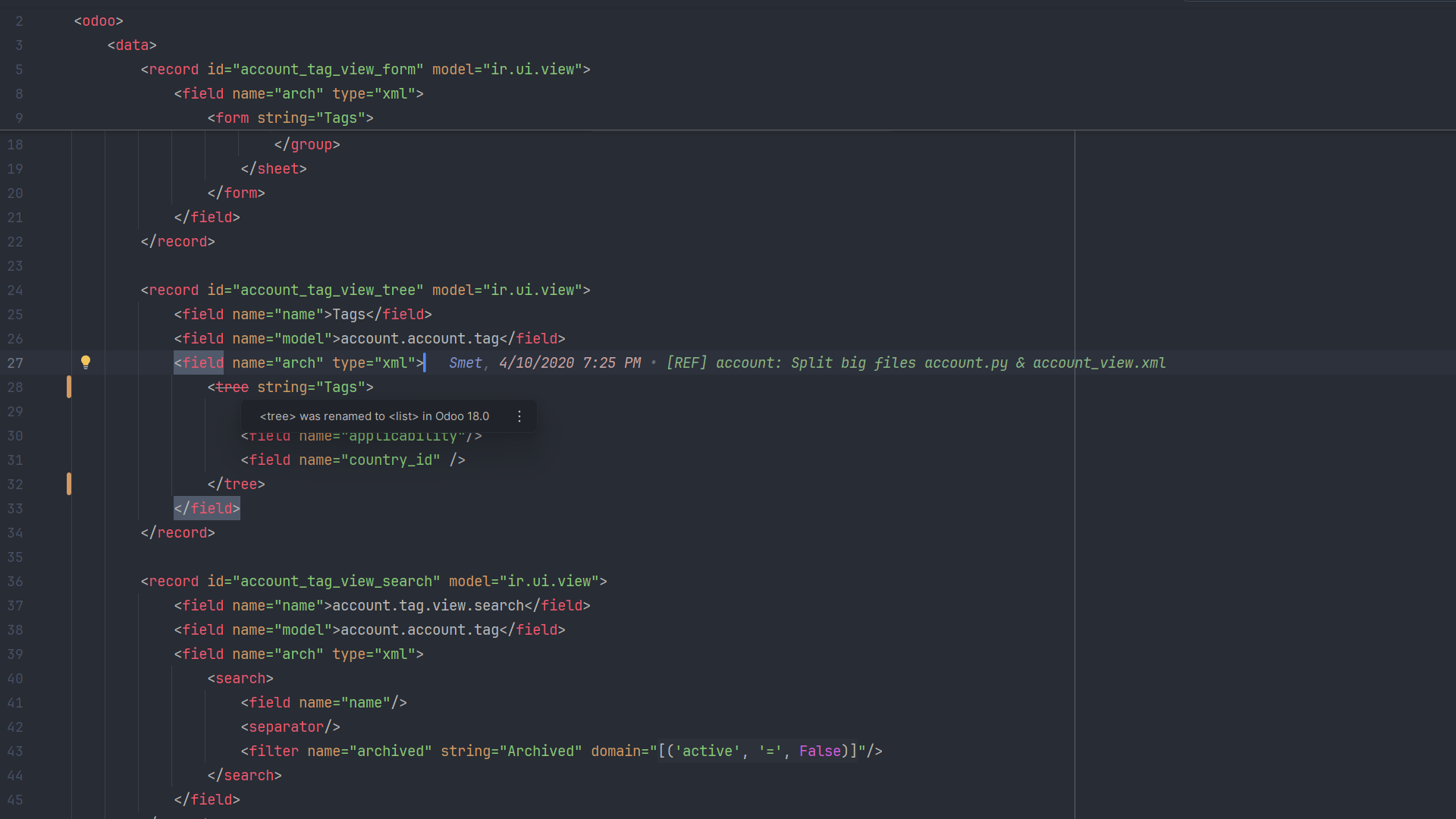 Odoo DevKit flagging <tree> as deprecated on an Odoo 18 project